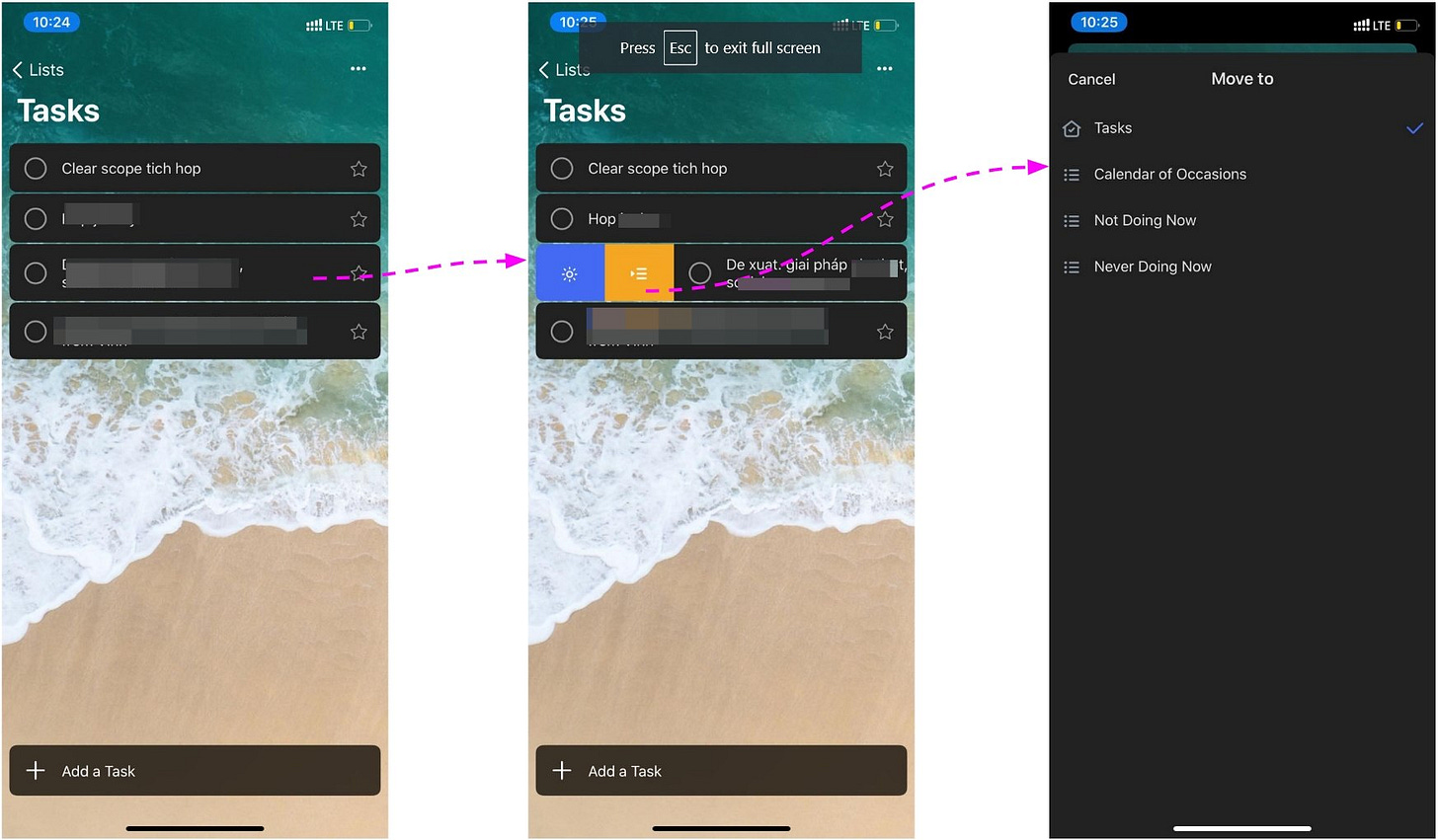 May be an image of screen and text that says '10:24 :!!LTE Lists Tasks 10:25 Press Clear scope full screen hop Lists Tasks 10:25 :!!!LTE Cancel Clear scopehop Move to Tasks Calendar Occasions Dexuat. giaipháp oir Now Never Doing Now Add Task Adda Task'