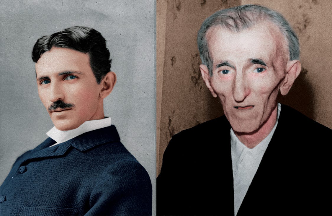 A photo of young Nikola Tesla compared to the last photo ever taken of  him(1st Jan 1943) before his death.Both colorized by me : r/Colorization