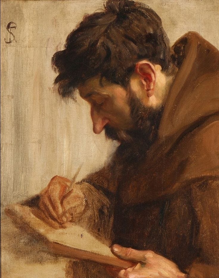 This may contain: a painting of a man writing on a piece of paper