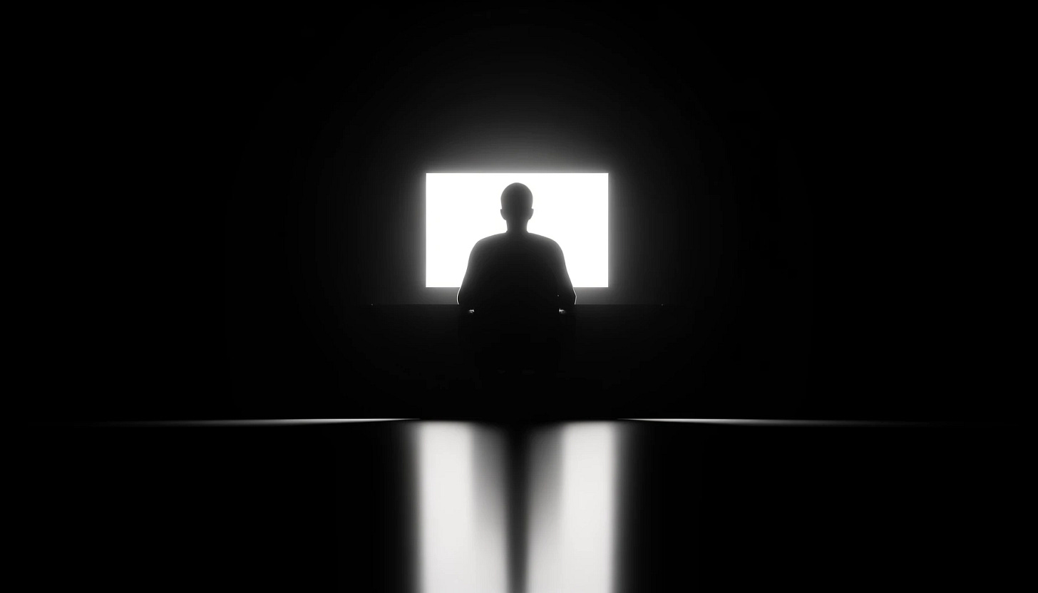 Minimalist black and white image in a 16:9 aspect ratio. A dark silhouette of a person seated in front of a glowing computer screen in a mostly dark space, with minimal surrounding details to emphasize isolation and focus. Deep shadows and strong contrast between the figure and the screen, creating a contemplative atmosphere with very limited visible elements.