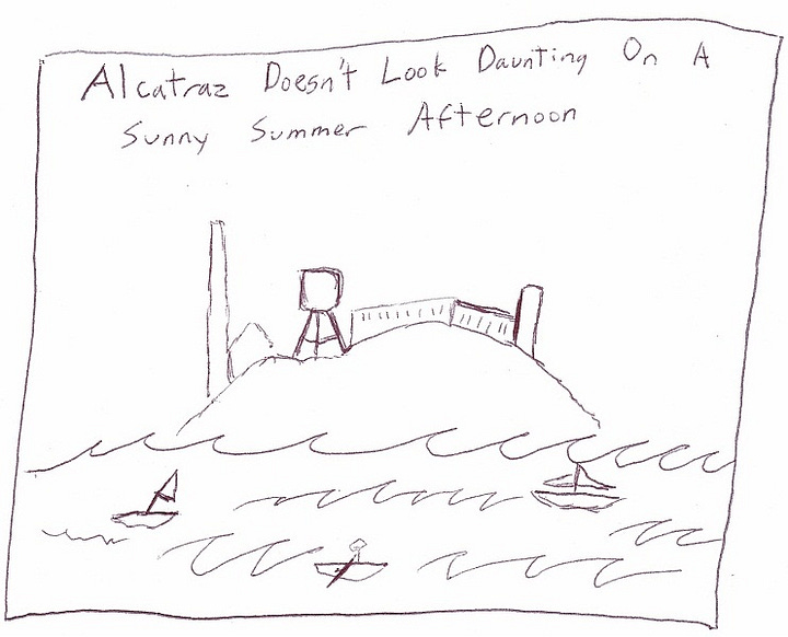 Five panels of hand-drawn sketches of various San Francisco scenes. Each panel is drawn with black pen on a white background.