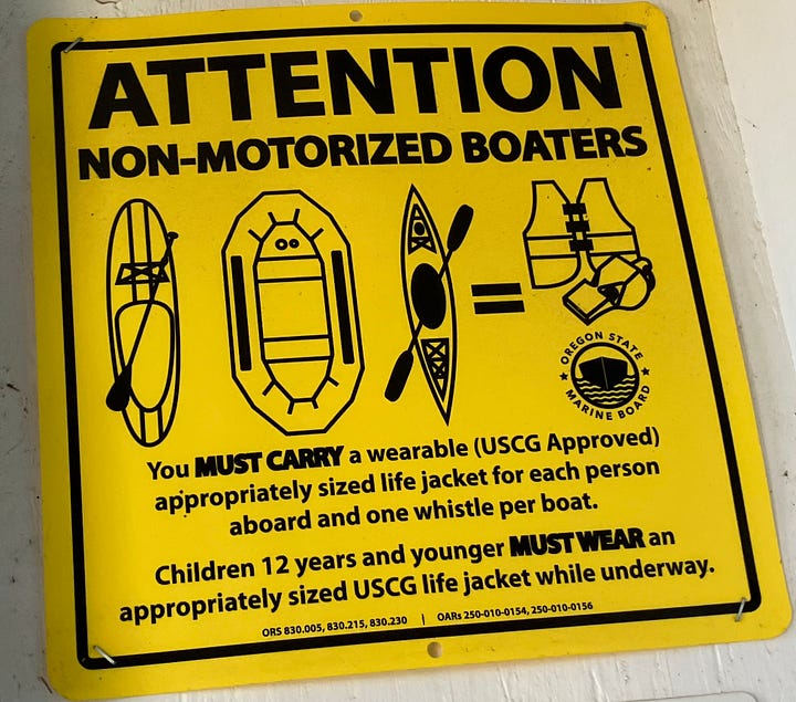 Life jackets, paddler wearing life jacket, backpack, water bottles, picnic basket, and outdoor shoes