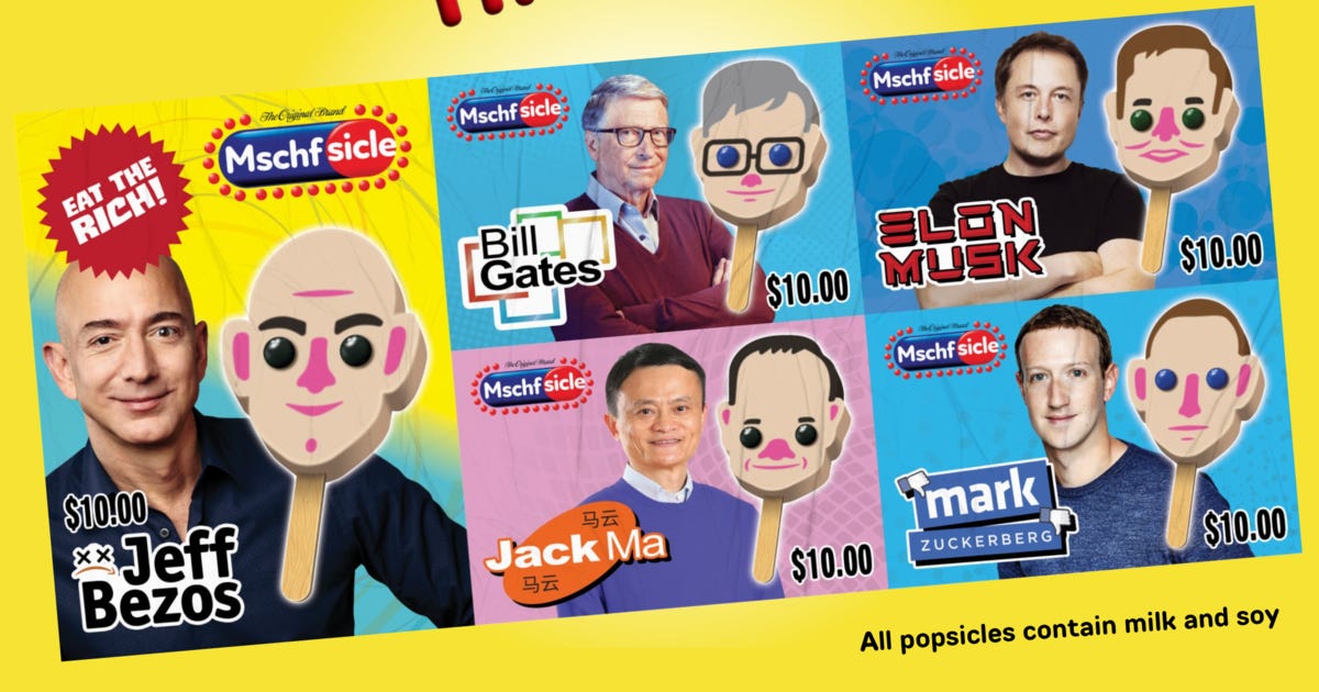 Eat the Rich" ice cream truck sells $10 popsicles shaped like Bezos, Musk,  others - CBS News