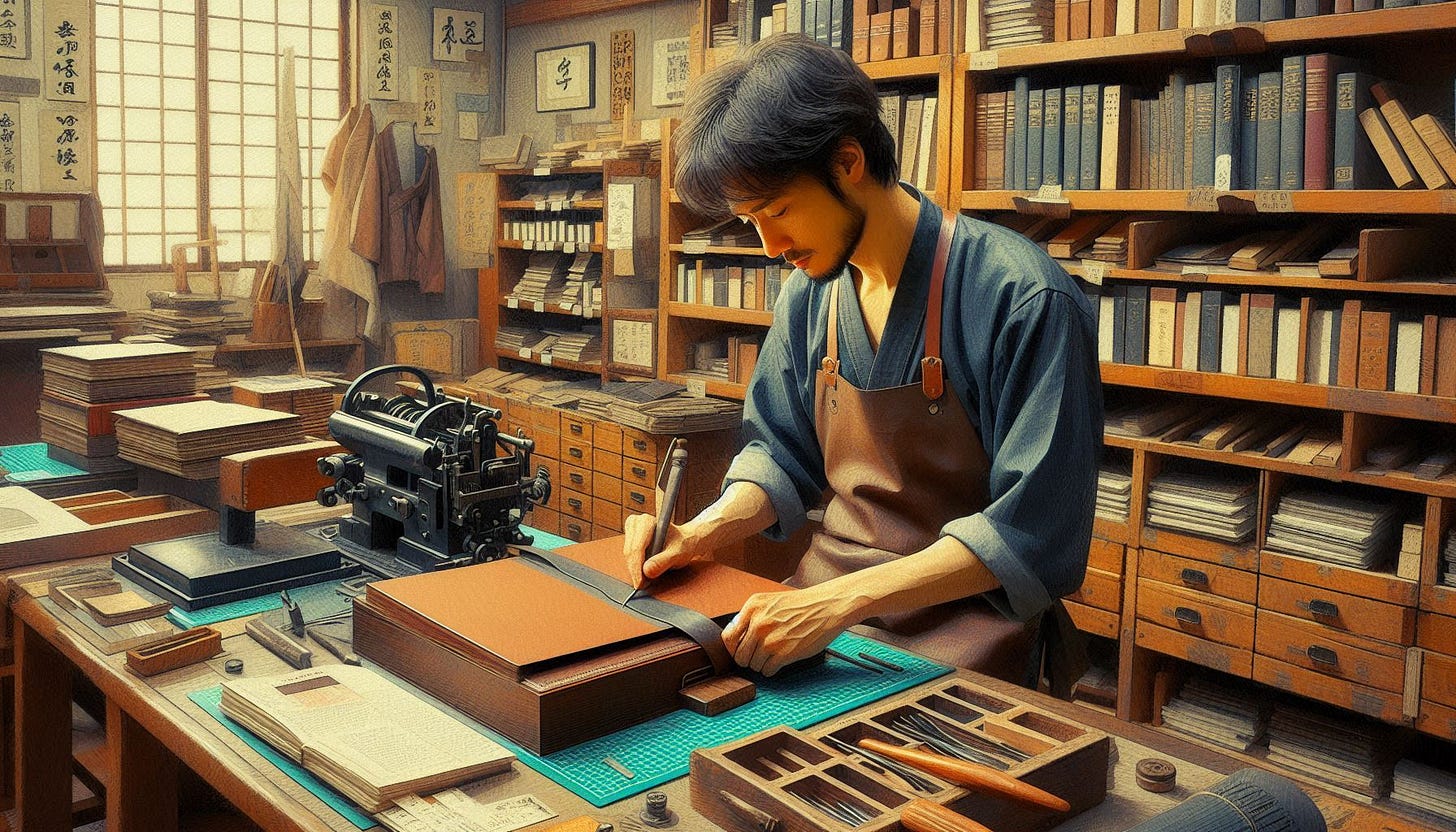 A handsome book binder works in a book bindery and is creating a leather case. The bindery has Japanese overtones. Slight impressionist style. A handsome book binder works in a book bindery and is creating a leather case. The bindery has Japanese overtones. Slight impressionist style.