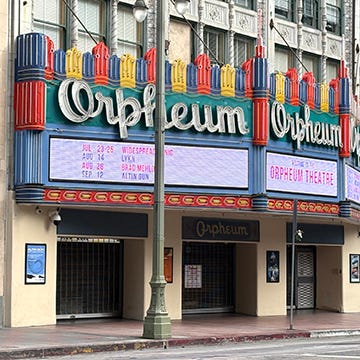 Photos of interiors and exteriors of historic theaters on Broadway in Los Angeles