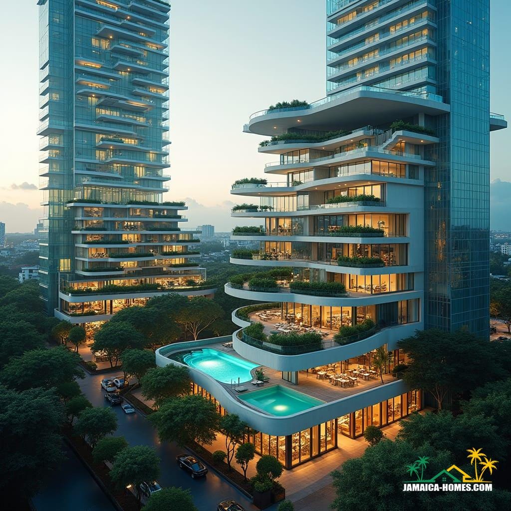 Modern development schemes in Kingston, Jamaica, are starting to embrace sleek, futuristic designs made from lots of glass, making buildings look open, bright, and reflective of the beautiful Caribbean surroundings. These developments often feature unique swimming pools—not only on the ground but also on the rooftops, offering amazing views of the city and the ocean. Rooftop pools add a luxury feel and make the most of space in urban areas where land is limited.
These buildings also focus on sustainability by including systems for water harvesting, which means they collect rainwater to use for things like watering plants or flushing toilets. Solar panels are installed on the roofs to capture the abundant Jamaican sunlight, turning it into electricity to power lights, appliances, and even air conditioning. On the ground floor, you’ll often find shops, cafes, and other small businesses that create a lively, convenient spot for residents and visitors to gather, dine, or shop. This blend of glass architecture, rooftop pools, and eco-friendly features makes these new developments both stylish and environmentally responsible, perfectly suited for modern living in Kingston.