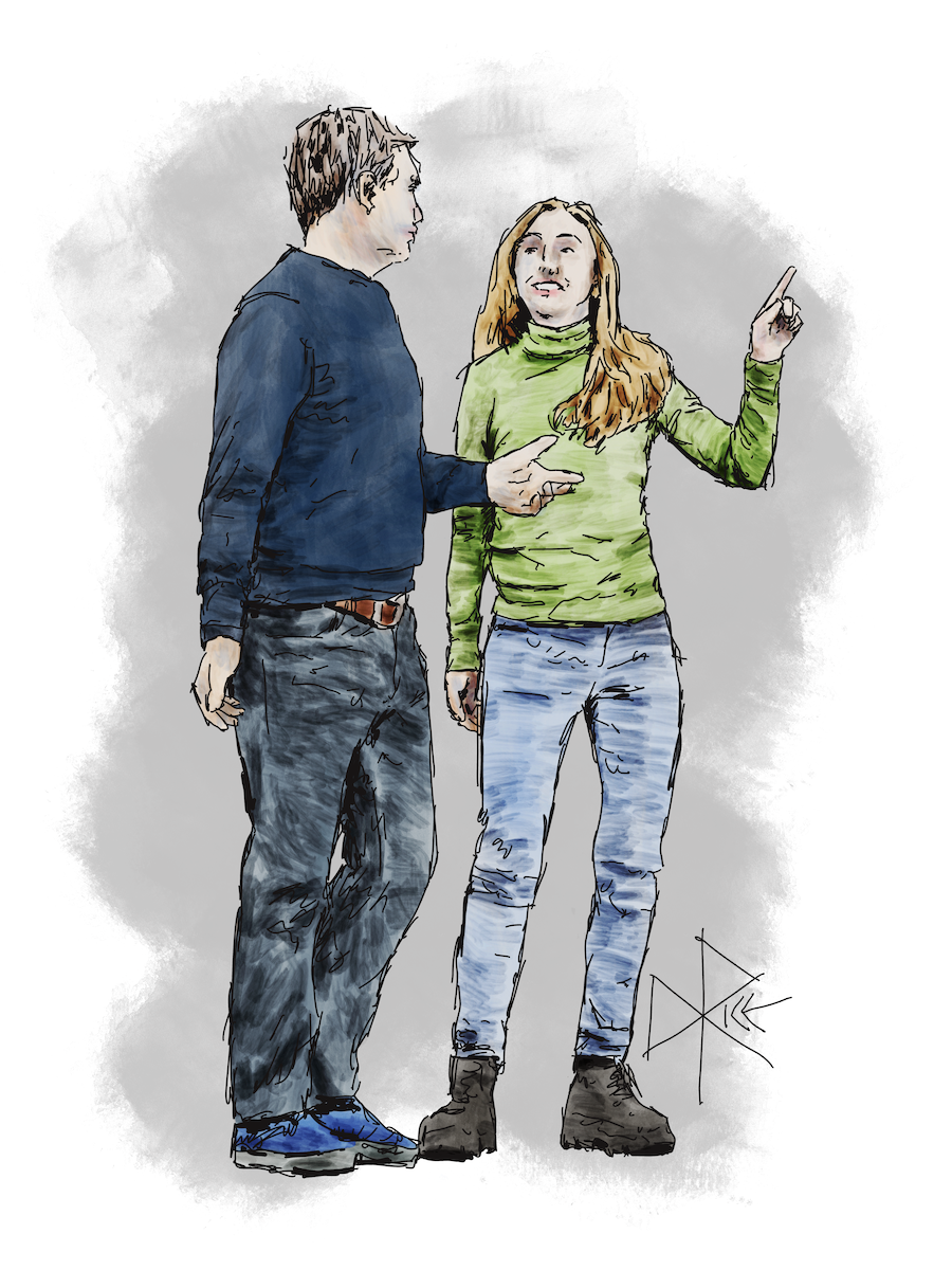 A man and woman stand in a room and have a friendly disagreement about ornamentation. Sketch art by Don Rice.