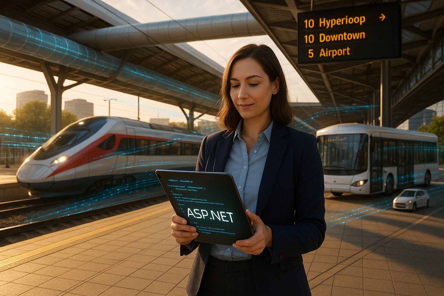 Developer reviewing ASP.NET code at futuristic transit hub with trains and connected vehicles. Developer reviewing ASP.NET code at futuristic transit hub with trains and connected vehicles.