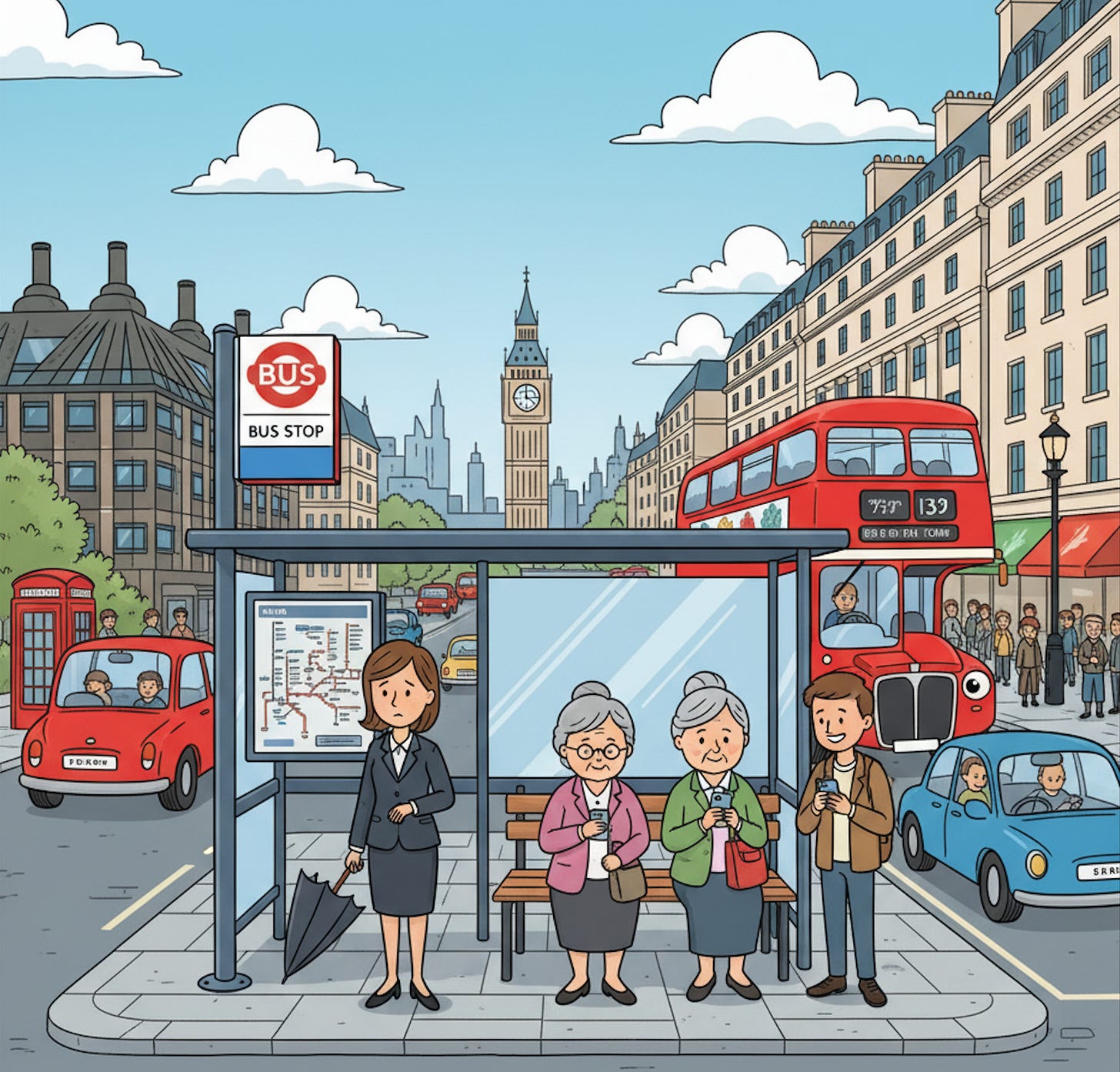 Cartoon illustration of a diverse group of people waiting patiently at a classic red and white London bus stop shelter. A red double-decker bus is visible approaching in the background. The scene depicts typical London street life in a cheerful, simplified style.