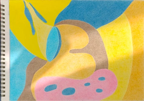 coloured pencils on paper, geometrical and more complex shapes in abstract compositions