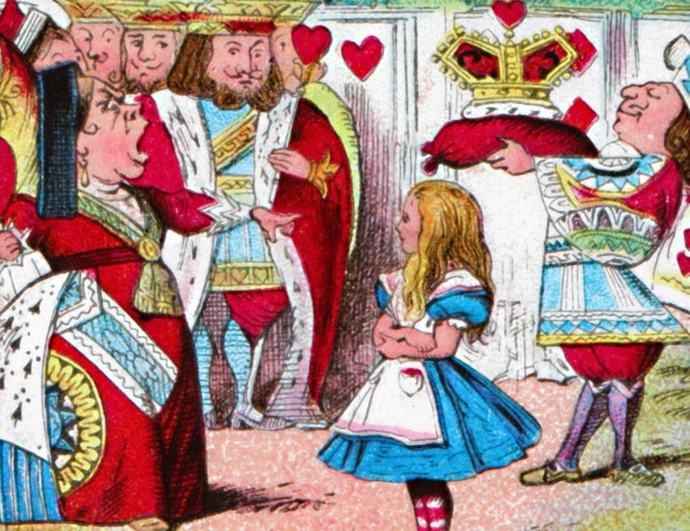 John Tenniel illustration from Alice In Wonderland, showing the Red Queen pointing at Alice and shouting her trademark line, 'Off with her head!' John Tenniel illustration from Alice In Wonderland, showing the Red Queen pointing at Alice and shouting her trademark line, 'Off with her head!'