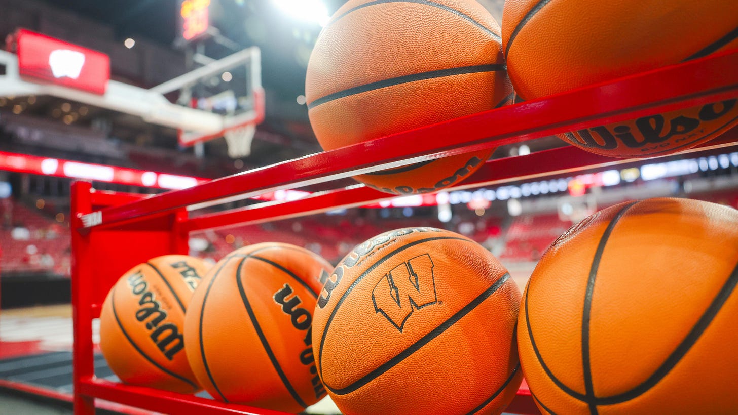 Wisconsin Badgers basketball resting on a rack inside the Kohl Center before a game.  Wisconsin Badgers basketball resting on a rack inside the Kohl Center before a game.