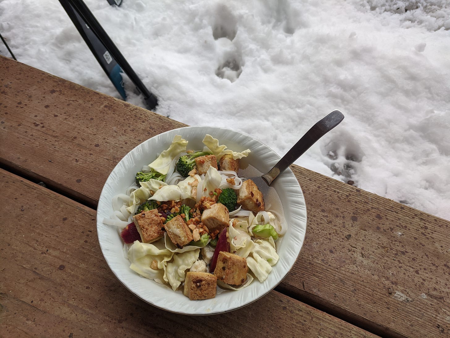 a bowl of noodles, tofu and cabbage on a snowy porch