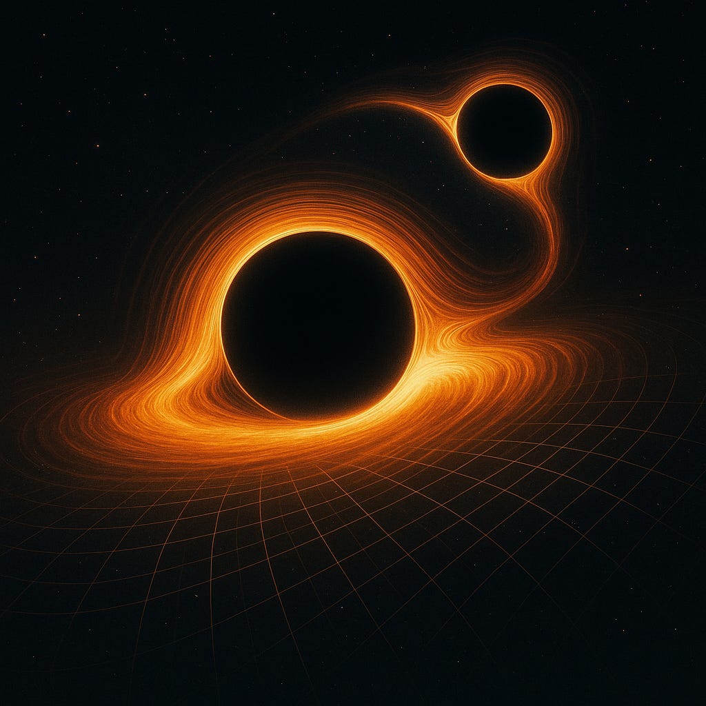 Two black holes spiral toward collision, each wrapped in a glowing orange accretion vortex that curves sharply around their event horizons. The larger black hole distorts a spacetime grid beneath it, while a luminous gravitational ribbon links the pair against a dark, star-speckled cosmic backdrop. The scene highlights an impossible merger between two objects in the forbidden mass gap, visually conveying structure, selectivity, and the breaking of known formation rules.