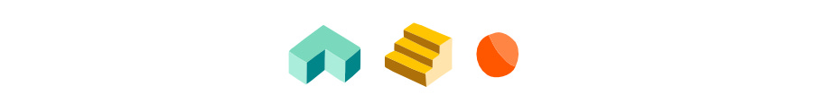 A break with three colorful shapes. 