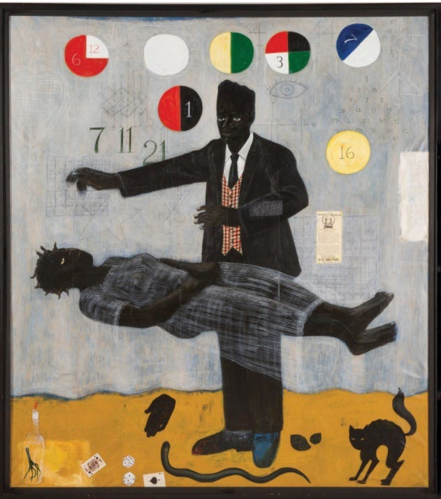 Marshall's painting shows two black figures on a kind of stage, with numbers, cards, a black cat, and other images of sorcery around; a man stands upright center stage and hovers his hand over a woman's body, which appears to be levitating horizontally. Marshall's painting shows two black figures on a kind of stage, with numbers, cards, a black cat, and other images of sorcery around; a man stands upright center stage and hovers his hand over a woman's body, which appears to be levitating horizontally.