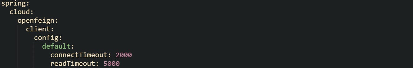 spring:   cloud:     openfeign:       client:         config:           default:             connectTimeout: 2000             readTimeout: 5000