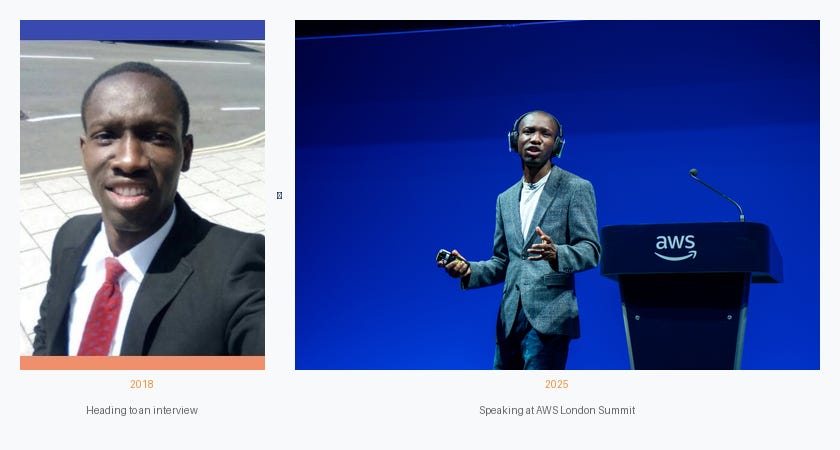 Before and after: 2018 heading to an interview vs 2025 speaking at AWS London Summit