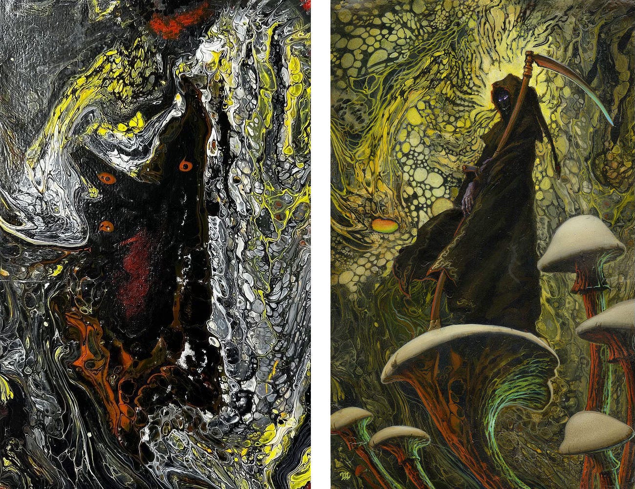 LEFT: Abstract paint patterns that inspired YOUR RIDE IS HERE. Folded into veins of white and yellow is a pocket black and red.  RIGHT: YOUR RIDE IS HERE (2024), Acrylic on Paper, 13” x 8 ¼”. A worm's eye view of the grim reaper standing atop a large mushroom. Clad in a brown hooded robe, his form contrasts the abstract yellow background that resulted from a paint pour. The long wooden haft of his scythe rests on his shoulder with blade trailing behind him. The butt of his signature instrument rests on the white mushroom cap. Hidden by the hood of his cloak, his face falls in shadow offering only the glow of his eyes and a row of teeth, but his hands rest on the scythe revealing purple skin as he caresses the wooden shaft.
