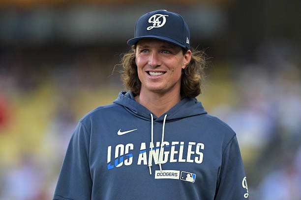 LOS ANGELES, CALIFORNIA Tyler Glasnow of the Los Angeles Dodgers on the field prior to the game against the Los Angeles Angels at Dodger Stadium on...