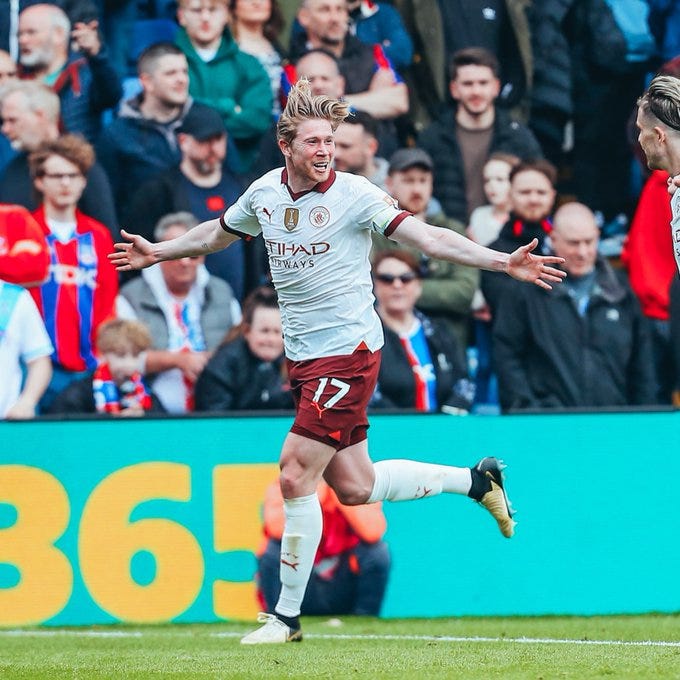 Kevin De Bruyne celebrating his 100th goal for City