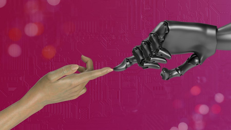 AI and Digital Transformation visualized through the connection of a robotic hand and a human hand, representing collaboration and innovation in the future of work and business growth. AI and Digital Transformation visualized through the connection of a robotic hand and a human hand, representing collaboration and innovation in the future of work and business growth.