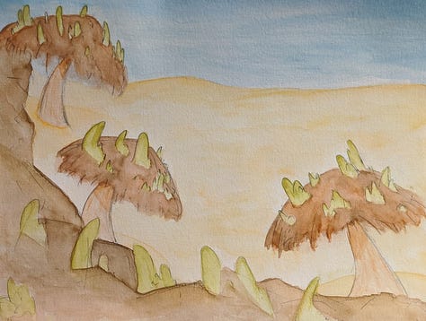 Three drawings. One is a painting of a small building surrounded by rocks. A small stream with a bridge over the top sits in front of it and green plants can be seen behind it. Another is an outline for a plant-covered beach, and the third drawing is a finished painting of the beach framed by water, rocks, and plants.