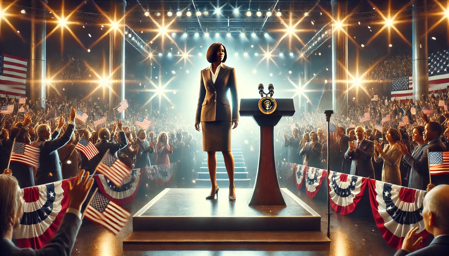 A victorious scene of the first Black-Asian female president standing confidently on a stage, delivering a speech after winning an election. She is dressed in a professional suit, projecting a powerful and inspiring presence. The background shows a diverse, jubilant crowd with waving flags and banners celebrating the historic moment. The setting is brightly lit, with flashes of cameras capturing the scene. The new president stands in front of a podium adorned with a seal symbolizing the office, and an American flag is positioned prominently beside her. The atmosphere is electric with hope and excitement. A victorious scene of the first Black-Asian female president standing confidently on a stage, delivering a speech after winning an election. She is dressed in a professional suit, projecting a powerful and inspiring presence. The background shows a diverse, jubilant crowd with waving flags and banners celebrating the historic moment. The setting is brightly lit, with flashes of cameras capturing the scene. The new president stands in front of a podium adorned with a seal symbolizing the office, and an American flag is positioned prominently beside her. The atmosphere is electric with hope and excitement.