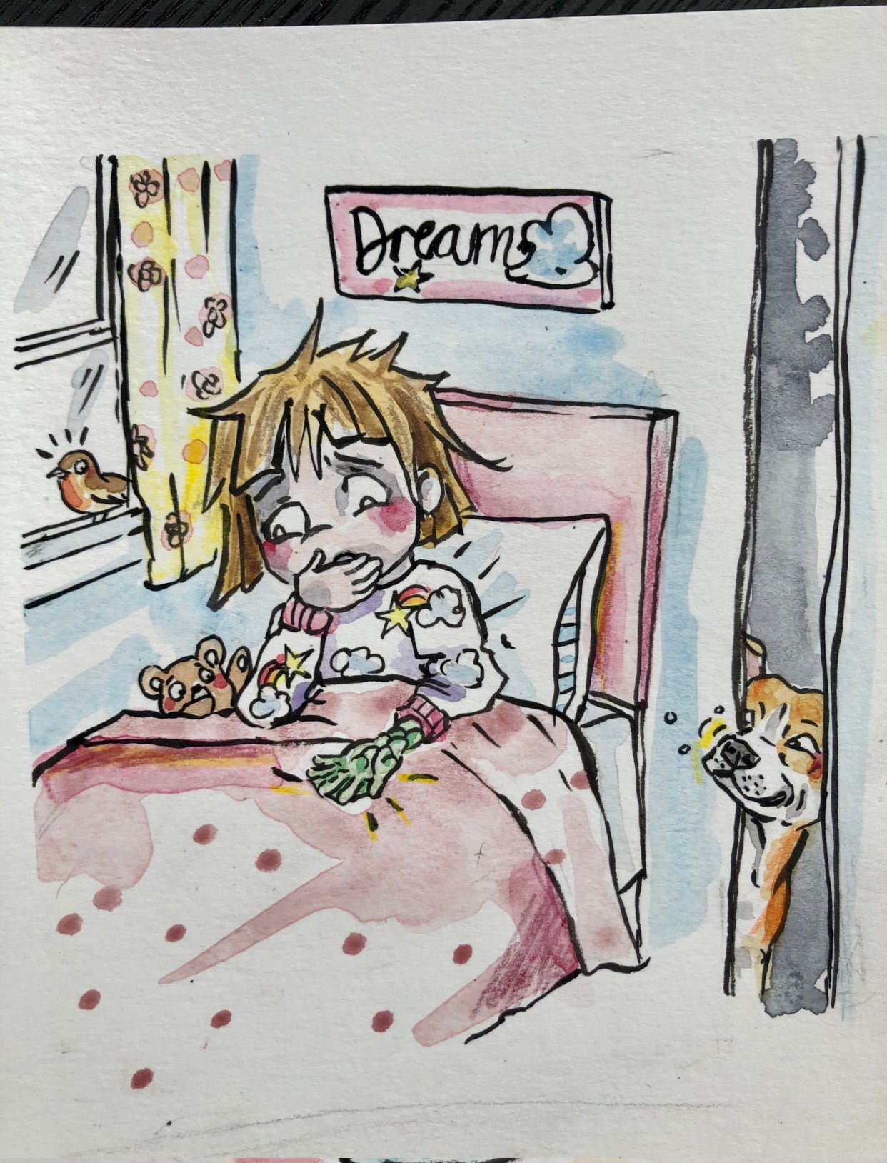 illustration of a girl in bed with scales on her hand