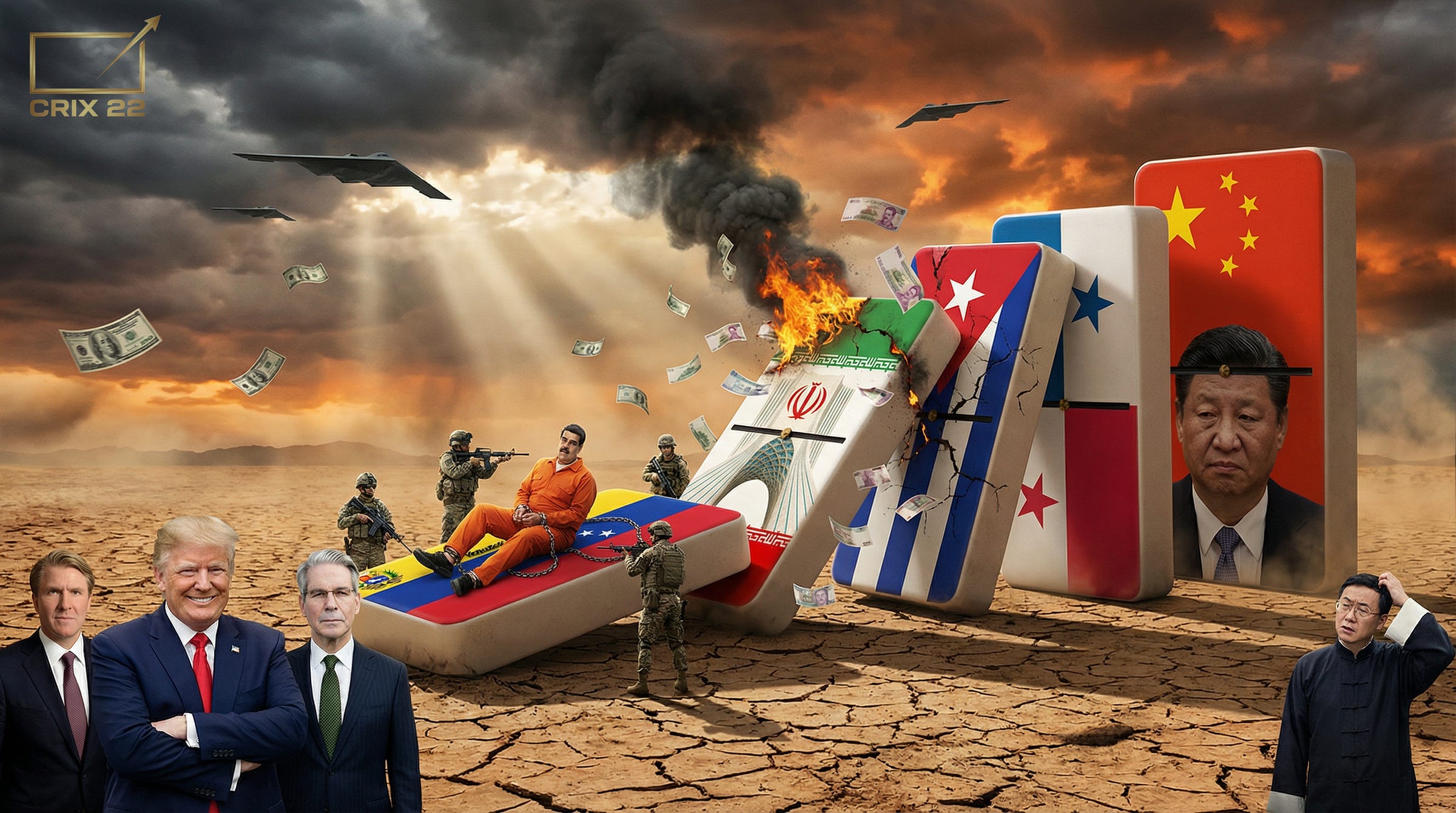 A Crix22‑style sequence shows giant dominoes labeled Venezuela, Iran, Cuba, Panama, and China tipping across a cracked desert as U.S. soldiers surround a chained prisoner on the Venezuela tile, the Iran tile burns with banknotes flying, and Prophet Jiang stands off to the side looking confused while Trump and his team watch the chain reaction.