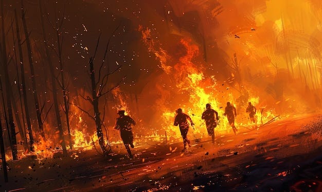 People running to escape a wildfire People running to escape a wildfire