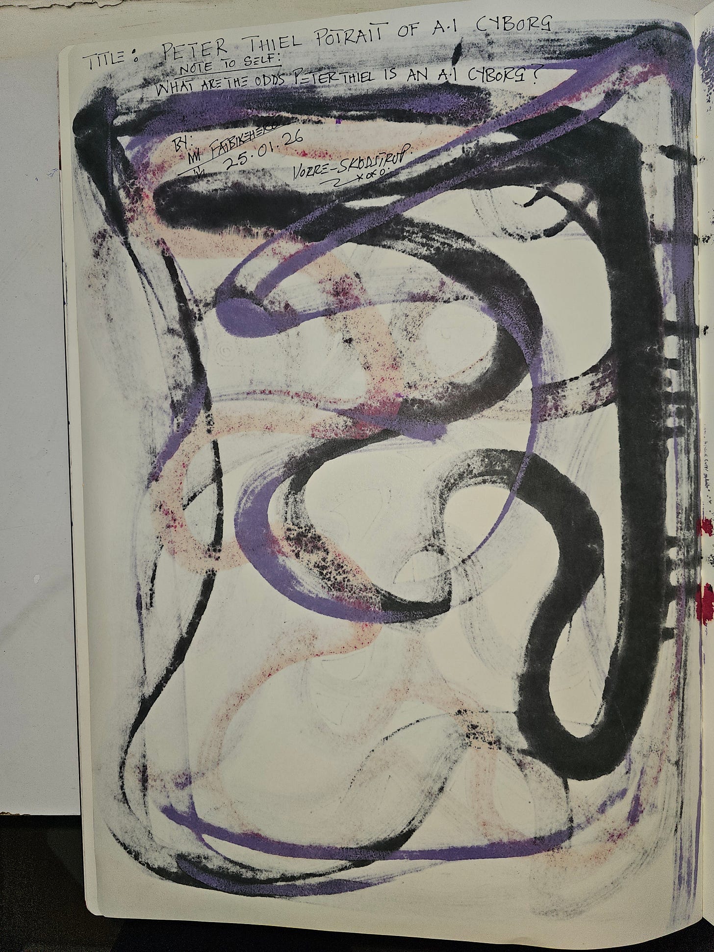 ​"Sketchbook journal page by Fatbikehero, dated 25.01.26, location Vorre-Skodstrup. The page features rough abstract gestures in black and purple ink alongside handwritten conceptual notes. The text reads: 'TITLE: PETER THIEL PORTRAIT OF A.I. CYBORG' and poses the question, 'NOTE TO SELF: WHAT ARE THE ODDS PETER THIEL IS AN A.I. CYBORG?' This document serves as the provenance and conceptual origin for the accompanying abstract painting."