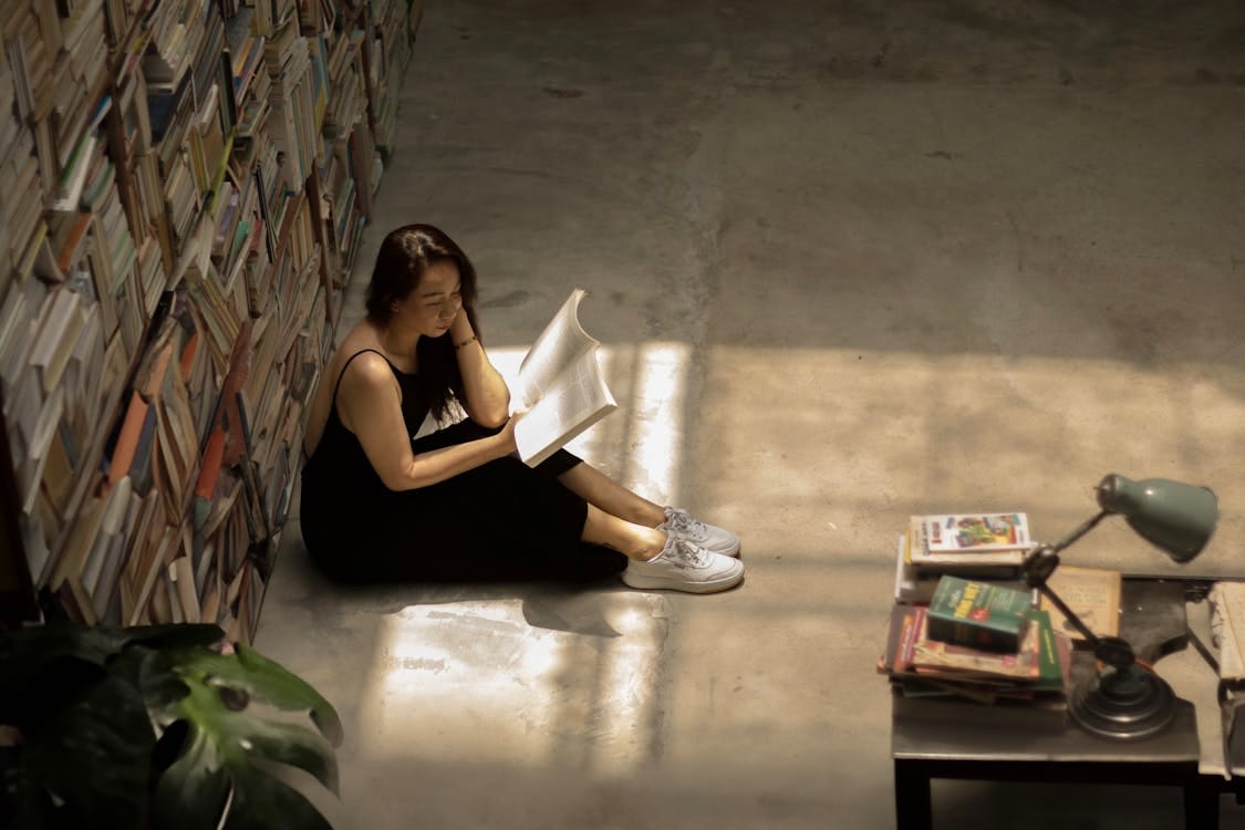 Free Young woman sitting against a wall of books, reading under natural sunlight indoors. Stock Photo
