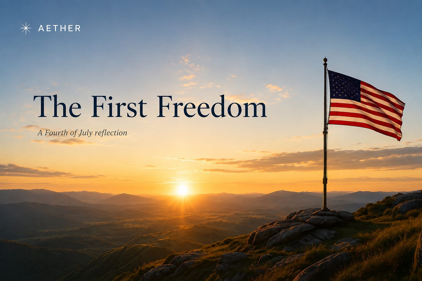 A sunrise over a mountain landscape with an American flag standing quietly on a rocky ridge, symbolizing reflection on freedom, conscience, and the human witness.