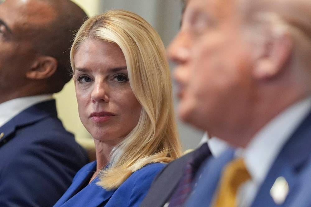 The Associated Press
                                U.S. Attorney General Pam Bondi (left) is the new target of MAGA wrath after the much-hyped Jeffrey Epstein
 investigation turned out to be a bust.