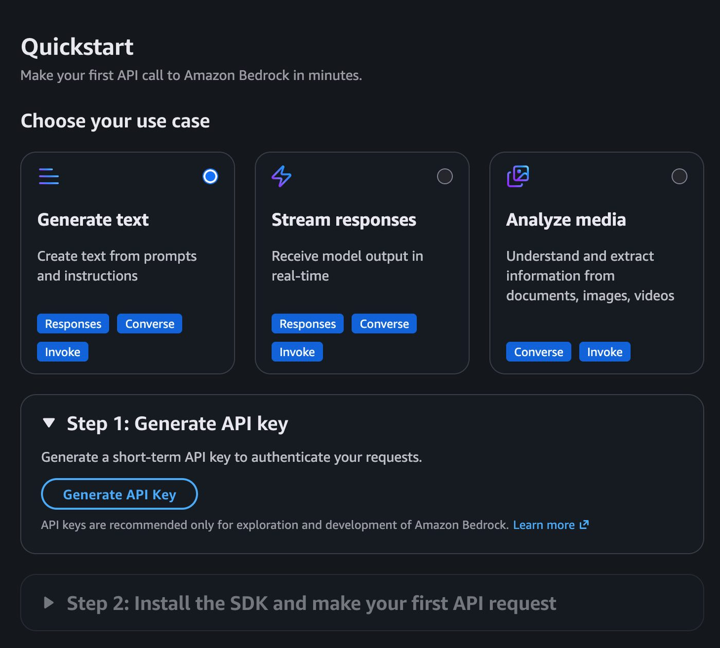 Quickstart with Generate text selected, and Step 1 expanded to show the Generate API Key button. Quickstart with Generate text selected, and Step 1 expanded to show the Generate API Key button.