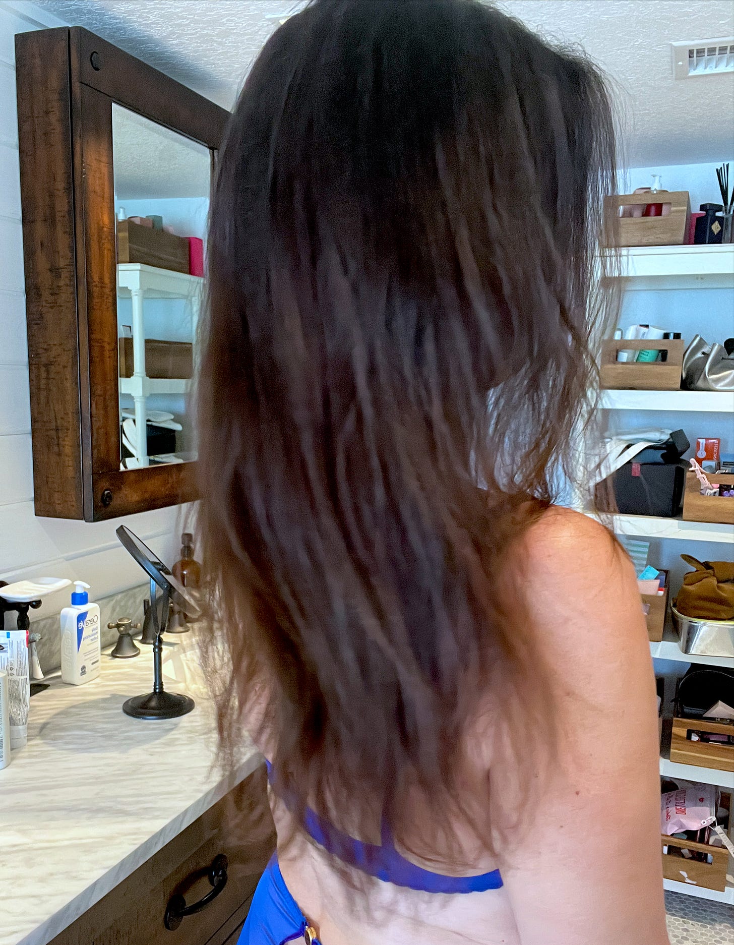 Rear view of a woman showing her long, healthy brown hair in front of a bathroom mirror. Rear view of a woman showing her long, healthy brown hair in front of a bathroom mirror.