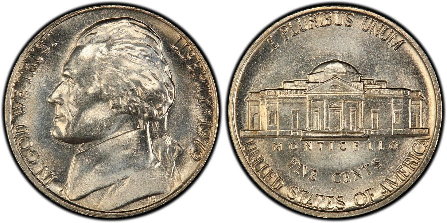 US nickel or half-dime coin from 1979. USA five cent piece for numismatic collectors