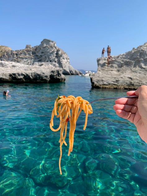 Pastaon a boat in Ponza