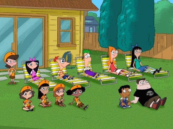 PATIENCE IS A VIRTUE. The gang waits around for P&F's invention to work.