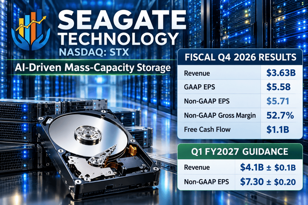 Seagate Technology logo with a backdrop of data storage servers, displaying Q4 2026 financial results and Q1 FY2027 guidance. Seagate Technology logo with a backdrop of data storage servers, displaying Q4 2026 financial results and Q1 FY2027 guidance.