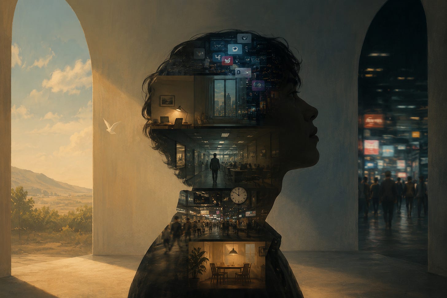 Surreal illustration of a person's silhouette containing scenes of an office, home, city, and digital world, symbolizing how environments quietly shape identity, attention, and behavior. Surreal illustration of a person's silhouette containing scenes of an office, home, city, and digital world, symbolizing how environments quietly shape identity, attention, and behavior.