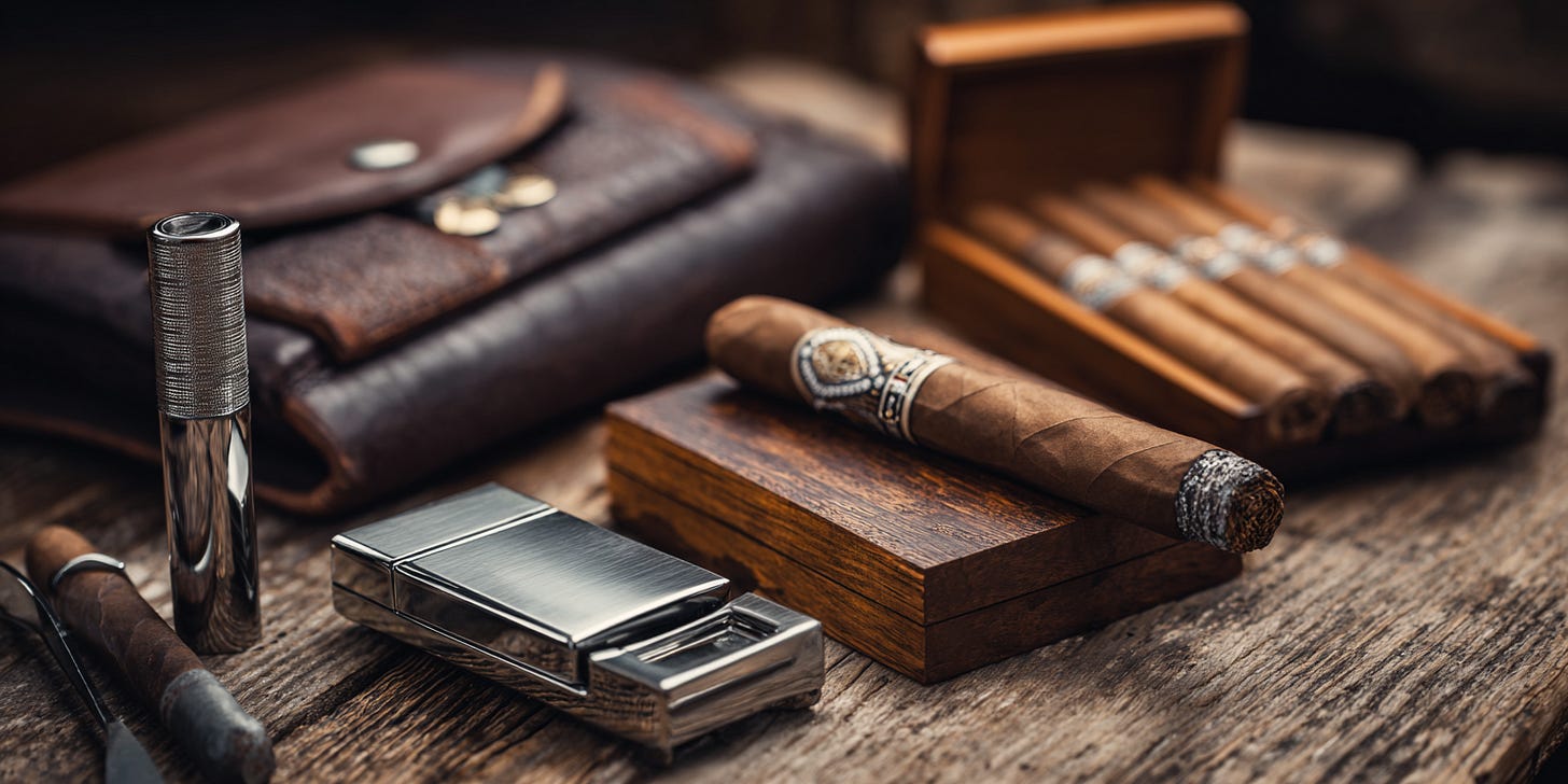 premium cigar accessories including cutter lighter and humidor on wooden table premium cigar accessories including cutter lighter and humidor on wooden table
