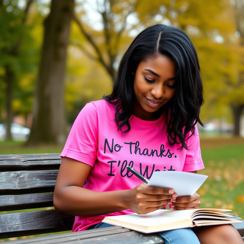 Young, youthful African American Woman wearing hot pink short sleeve that says "No Thanks. I'll Wait" with all black hair writing a letter on first day of fall  in the park writing a letter