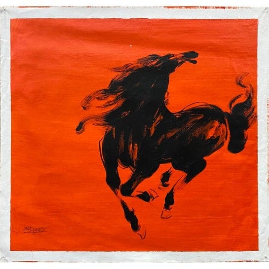 aws3435-black-horse-red-base-canvas-painting aws3435-black-horse-red-base-canvas-painting