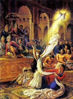 Draupadi’s disrobing in royal court by Jadurani Dasi, ISKON artist Draupadi’s disrobing in royal court by Jadurani Dasi, ISKON artist