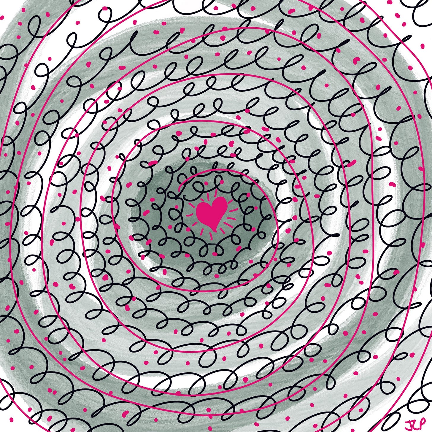 drawing of hot pink heart center within messy spiral of green watercolor and black loops