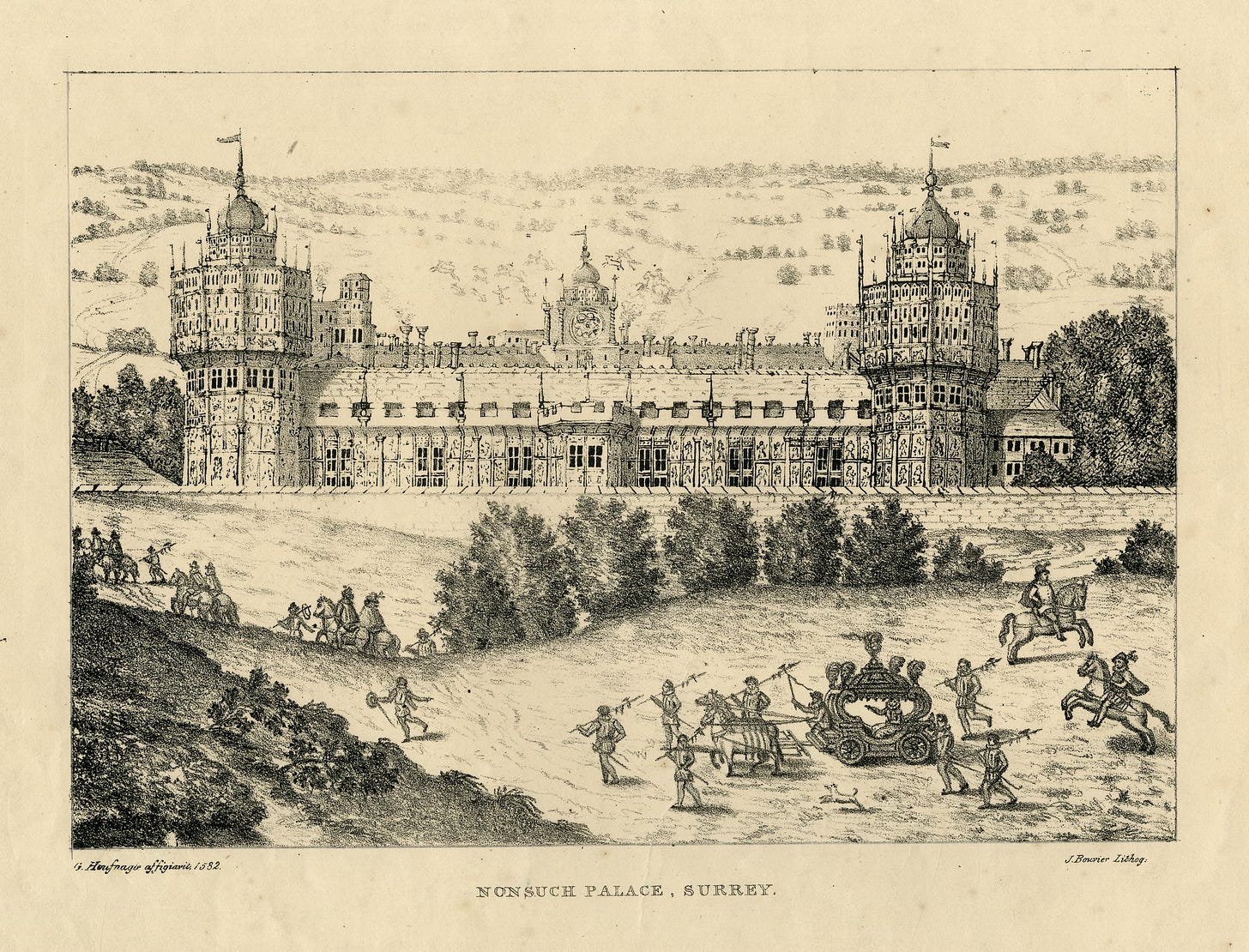 Print of a Renaissance drawing depicting a large estate featuring two towers; in the front, a royal cortege makes its way toward the castle Print of a Renaissance drawing depicting a large estate featuring two towers; in the front, a royal cortege makes its way toward the castle