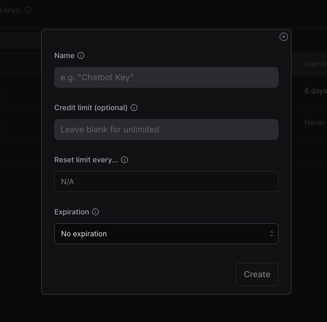 OpenRouter New Key dialog: name the key and set an optional hard credit limit before creating it.