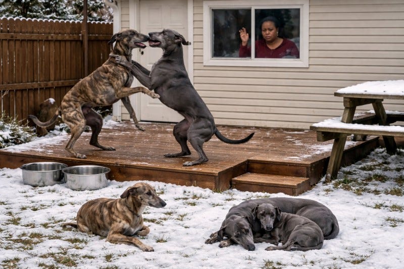 Group of hound dogs play in a snow-covered backyard while an owner glares from the window.